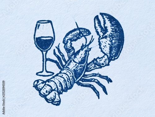 Lobster with a glass of wine, hand drawn illustration, engraving style