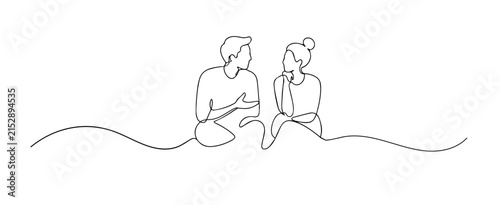 Single line drawing of a man and woman having a serious conversation. Continuous line drawing of two people discussing an important matter together. Representing communication and understanding.