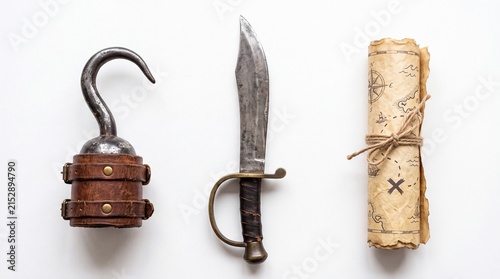Rusty iron pirate hook sharp steel cutlass and rolled treasure map displayed on white background