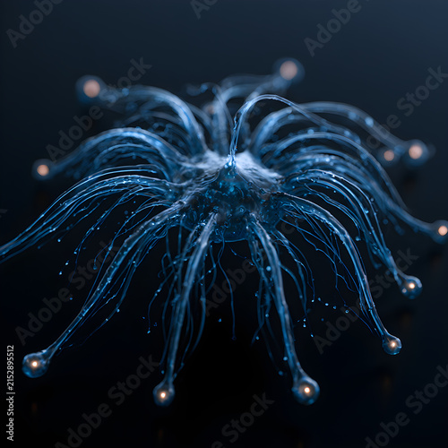 Digital data flow 3D render with luminous blue liquid branches spreading from single source node to multiple endpoints, dark tech background, centered macro composition, copy space
