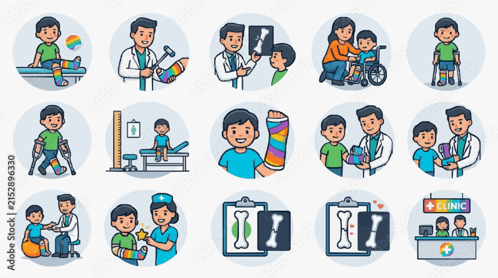 Fototapeta premium Minimalist Illustrations of Pediatric Orthopedic Clinic Visits with Colorful Casts and Medical Equipment