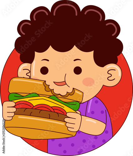 Cartoon Illustration of Boy Eating Sandwich