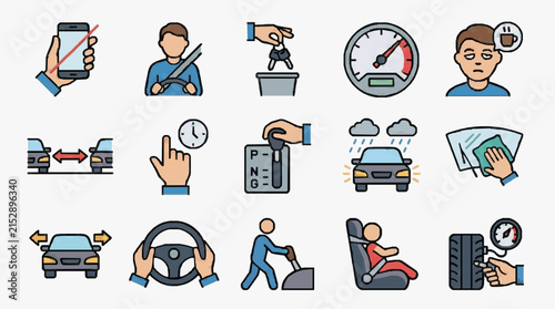 Professional Illustrated Guide to Common Driving Mistakes and Vehicle Checks in Simple Icons with high quality professional line art symbols for modern creative design and digital branding projects