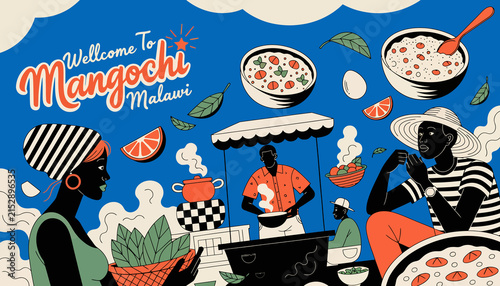 Welcome to Mangochi, Malawi - Vibrant Illustration of African Street Food Scene