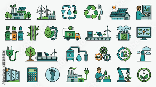 Creative Colorful Set of Sustainable Energy Recycling and Eco Friendly Concept Icons with high quality professional line art symbols for modern creative design and digital branding projects