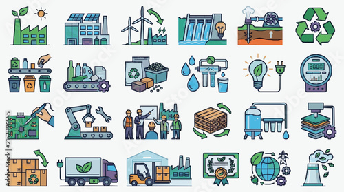 Modern Illustrated Icons of Sustainable Industry Renewable Energy Recycling and Green Technology Processes