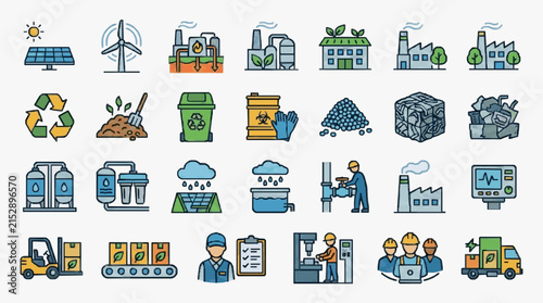 Minimalist Colorful Icons Set Showcasing Sustainable Energy Waste Management Water Treatment Industrial Processes and Workforce