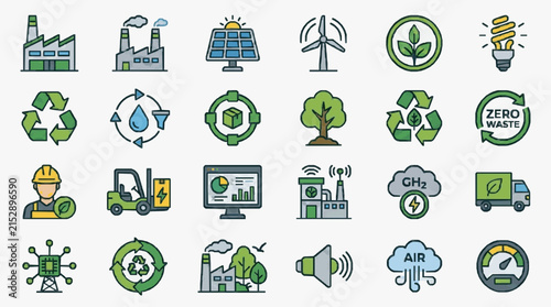 Modern Colorful Icons Set Illustrating Sustainable Energy Recycling Green Technology and Eco Friendly Concepts
