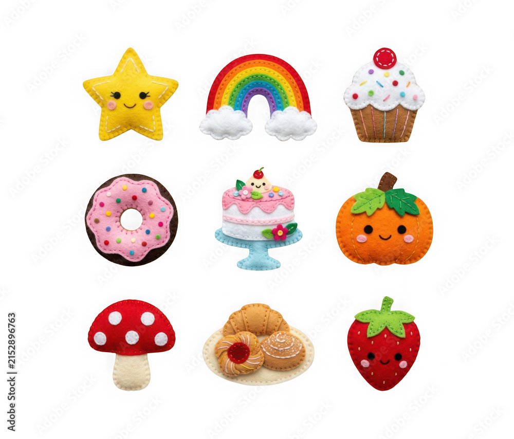 Fototapeta premium Set of cute felt craft patches including food and nature icons isolated on transparent background