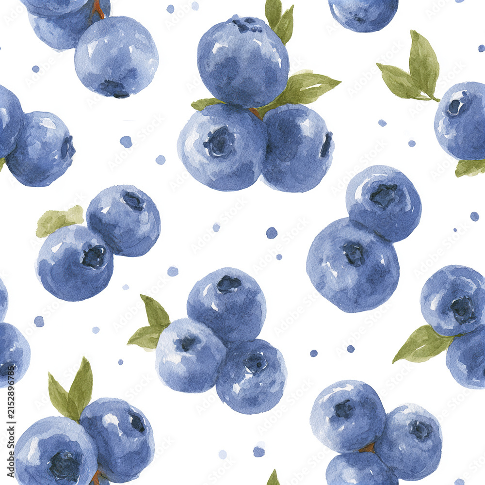 Fototapeta premium Watercolor seamless pattern with plump blueberries and green leaves, creating fresh and natural feeling design