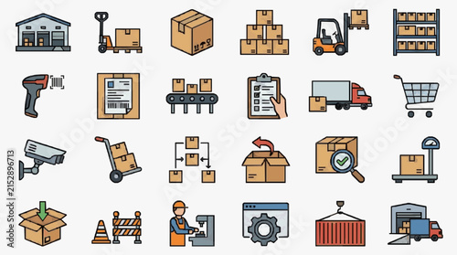 Elegant Colorful Icons Illustrating Comprehensive Logistics and Warehouse Operations Process with high quality professional line art symbols for modern creative design and digital branding projects