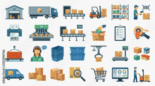 Industrial Supply Chain and Logistics Process Illustrated with Colorful Icons and Equipment with high quality professional line art symbols for modern creative design and digital branding projects