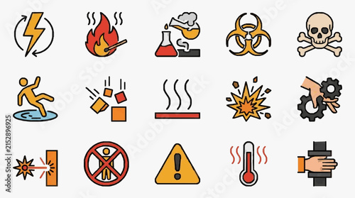 Creative Set of 15 Colorful Safety Hazard Icons with Symbols for Workplace and Industrial Awareness