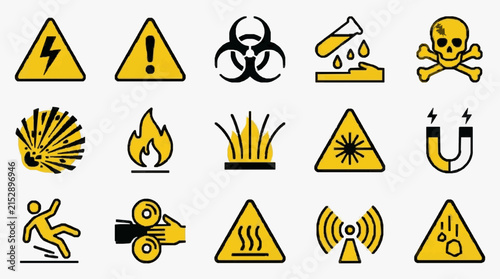 Clean Set of 15 Bright Yellow and Black Safety Warning Icons on White with high quality professional line art symbols for modern creative design and digital branding projects