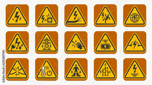Clean Set of 15 Vibrant Yellow and Orange Triangle Warning Sign Icons with Electrical and Safety Symbols