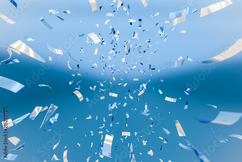 Abstract blue and silver confetti falling against a soft gradient background. Festive 3D scene for New Year, Valentine’s Day, birthdays, weddings, holidays, invitations and party designs.