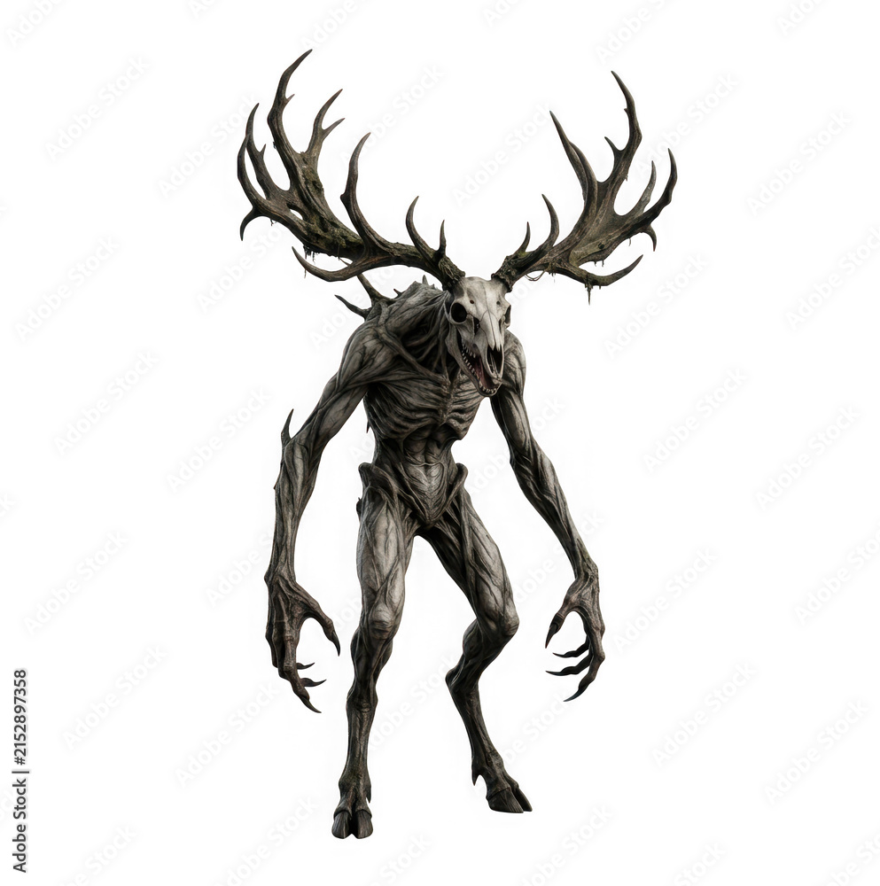 Naklejka premium Fantasy monster creature with deer skull head isolated on transparent background