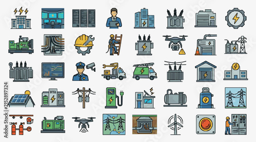 Sleek Colorful Illustrated Icons Set Featuring Modern Energy Utility and Smart Infrastructure Elements