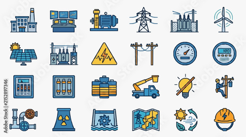 Corporate Set of 24 Colorful Energy and Power Industry Icons Featuring Factories Wind Turbines Solar Panels and Utility Workers