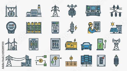 Modern Illustrated Icons of Electrical Power Generation Distribution and Smart Grid Technology in Colorful Style