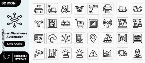 Smart warehouse automation line icons for logistics and supply chain management systems