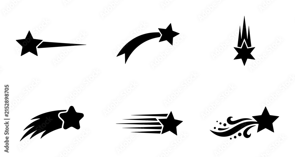 Fototapeta premium 70 Set of Six Black Shooting Star Icons, Vector Graphics for Celestial and Cosmic Designs, Dynamic Starburst Elements for Space and Fantasy 100