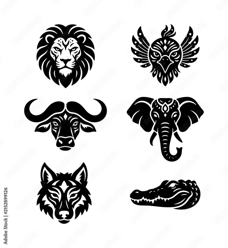 Fototapeta premium 70 African Wildlife Vector Icons Set: Majestic Lion, Elephant, Buffalo, Eagle, Wolf, and Crocodile Silhouettes for Tribal and Safari Designs 100