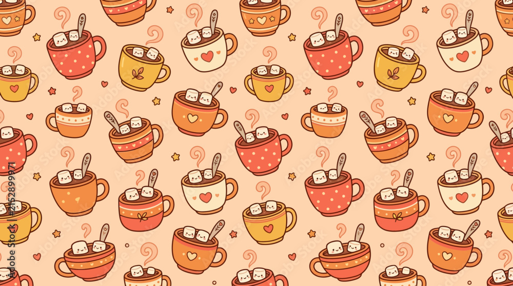 Fototapeta premium Cozy marshmallow cocoa pattern peach background.