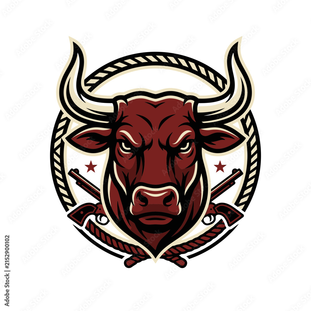 Fototapeta premium Angry bull mascot with horns and western revolvers.