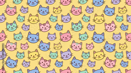 Colorful hand-drawn cute cat faces seamless pattern.