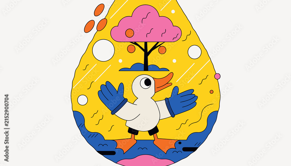 Fototapeta premium Whimsical Duck Character in Stylized Nature Scene with Droplet Shape
