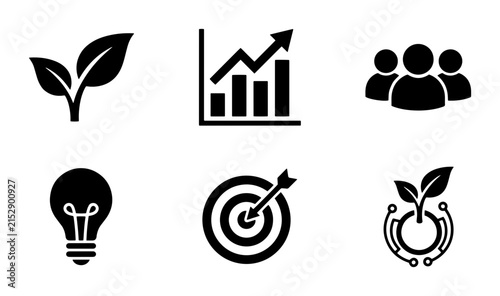 70 Business Growth Icons: Leaf, Chart, People, Lightbulb, Target, Innovation. Vector Set for Strategy, Success, and Development Concepts. 100