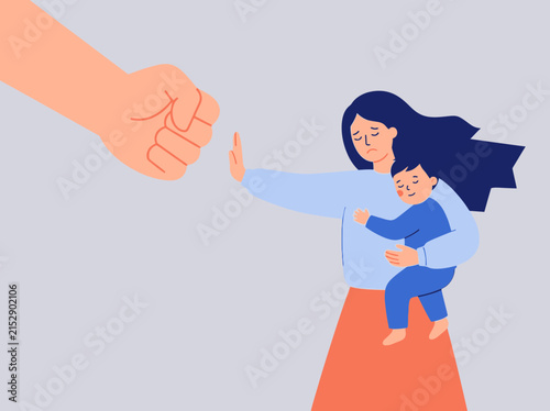 Stop Domestic Violence: Mother Protecting Child from Aggression Illustration