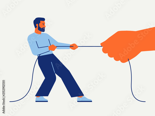 Man vs Giant Corporate Hand Tug-of-War Vector Illustration