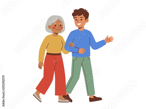 Young Man Assisting Elderly Woman Walking - Intergenerational Care and Support Illustration