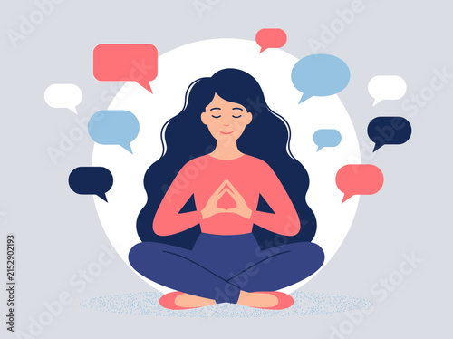 Woman Meditating Amidst Speech Bubbles, Symbolizing Mental Health and Focus