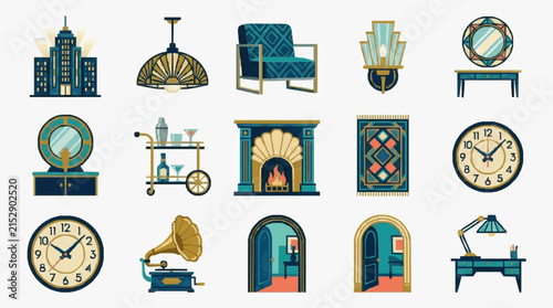 Corporate Art Deco Style Icons Set Featuring Vintage Furniture Architecture and Decorative Elements in Blue Gold and Cream