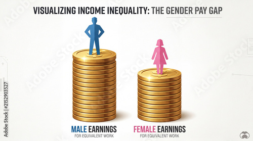 Male and female figures standing on coin stacks visualizing gender pay gap for equivalent work income inequality concept
