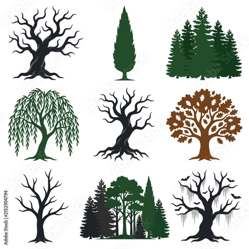 A diverse assortment of tree illustrations is showcased, featuring various species and styles including bare trees, evergreen conifers, and a weeping willow, with some depicting roots.