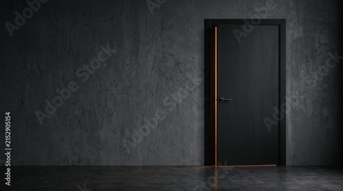 Modern matte black door with warm edge lighting on a dark concrete wall background.