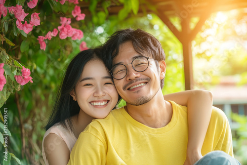 Young asian couple embracing affectionately near blooming pink flowers in a sunlit garden setting