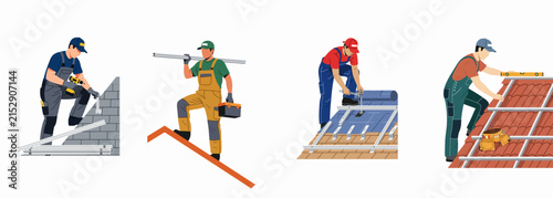 Set of professional roofers and construction workers performing various tasks like installing tiles, using tools, and carrying equipment on rooftops in vector style.