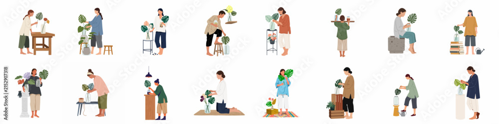 Fototapeta premium Collection of minimalist vector illustrations featuring people caring for indoor plants, gardening, and living a sustainable green lifestyle.