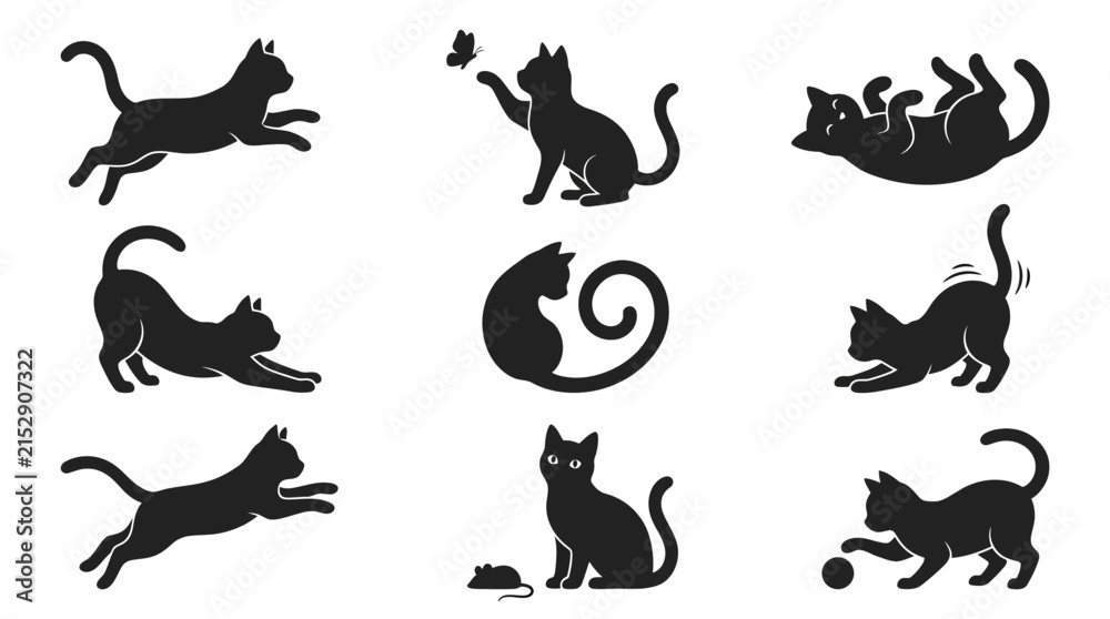 Fototapeta premium Black cat silhouette collection, 9 feline vector icons in various poses, minimalist pet animal silhouettes for logo design
