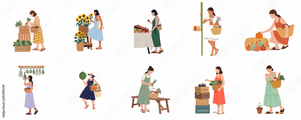 Fototapeta premium Collection of minimalist flat vector illustrations featuring women shopping at a farmers market for fresh organic produce, vegetables, and sunflowers.