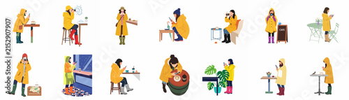 Collection of flat vector illustrations featuring people wearing yellow raincoats and rain boots in various daily life and cafe scenes.