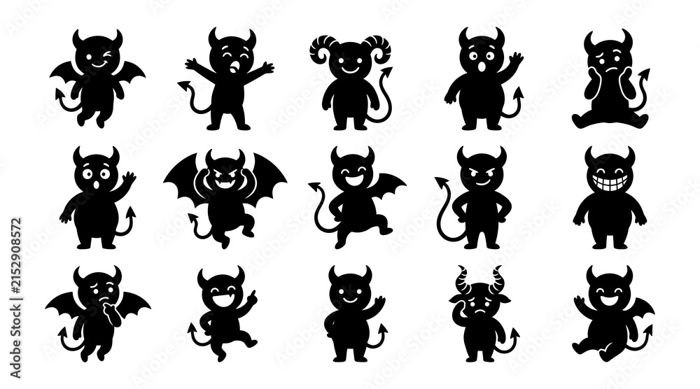 Obraz premium Set of black silhouette featuring cute cartoon devils, demons, and imps with various facial expressions and poses on white background