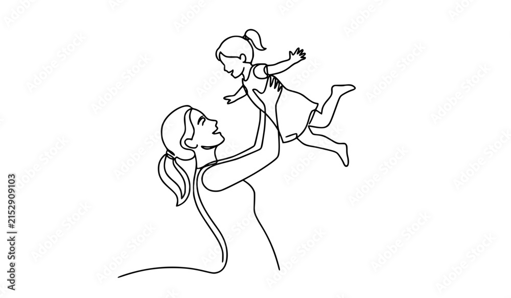 Fototapeta premium One Line Mother Playing with Daughter at Home Family Love Vector Illustration