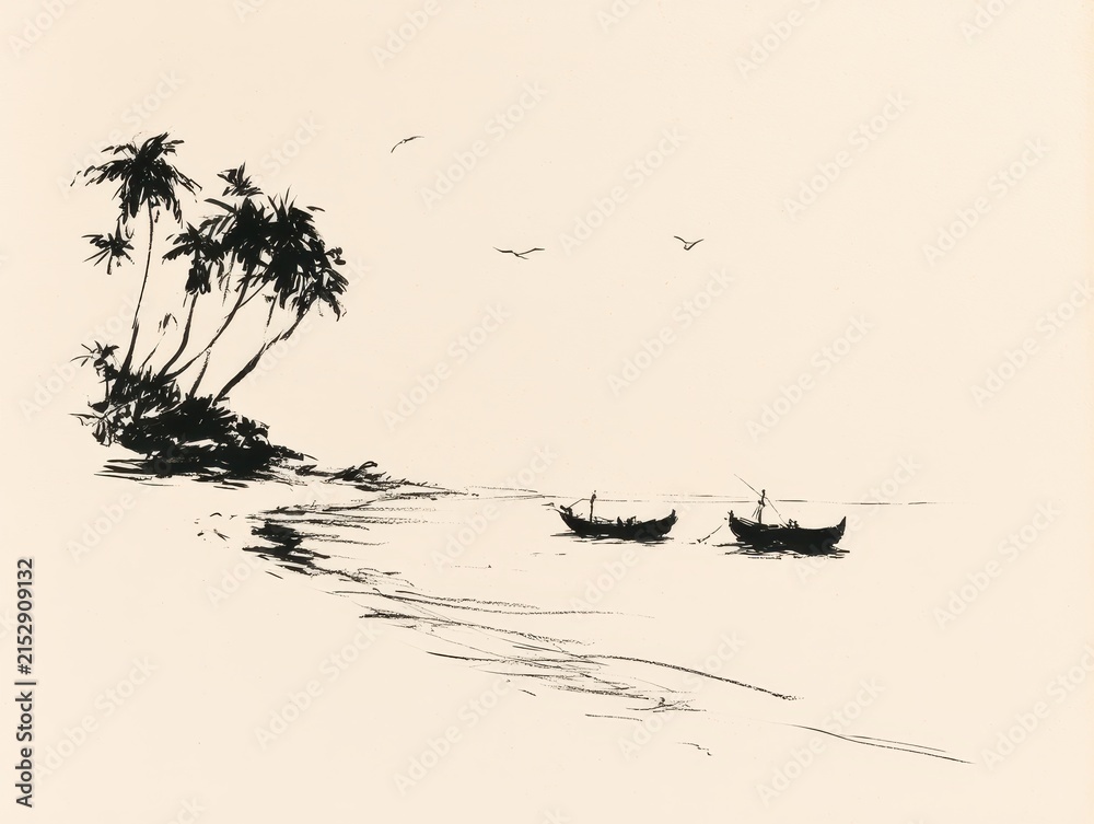 Fototapeta premium Ink wash drawing of a tropical beach scene with palm trees and fishing boats