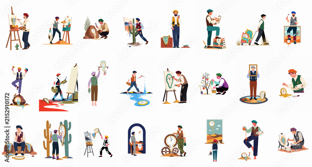 Fototapeta premium Collection of creative male artists and painters in various artistic poses, featuring surreal and classical art themes, isolated on a white background.